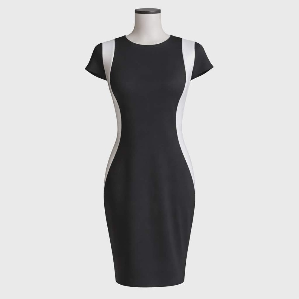 EUC. Sz large. Renvy black and white “optical illusion” colorblocked mini dress